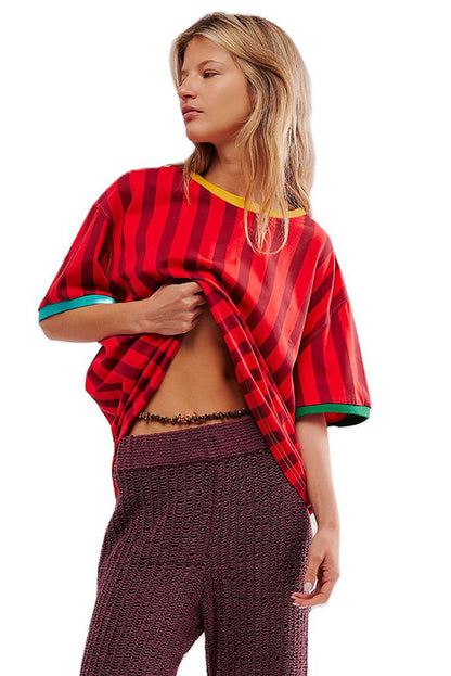 Red Striped Clashing Colours Casual Loose T Shirt