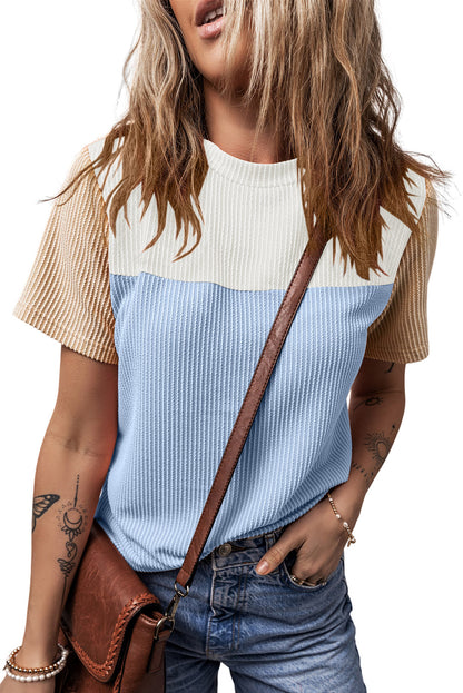 Light Blue Rib Textured Colorblock Round Neck T Shirt