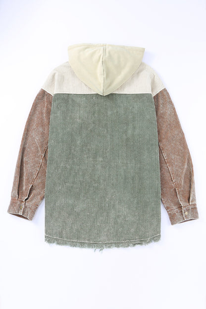 Khaki Patchwork Raw Hem Hooded Corduroy Jacket