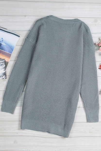 Grey Button Notched Neck Drop Shoulder Waffle Knit Sweater Dress