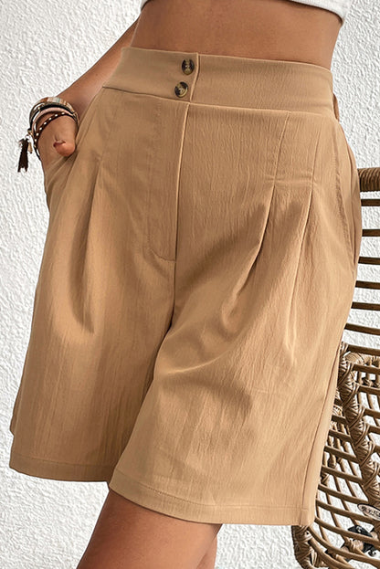 Light French Beige Solid Color High Waisted Shorts