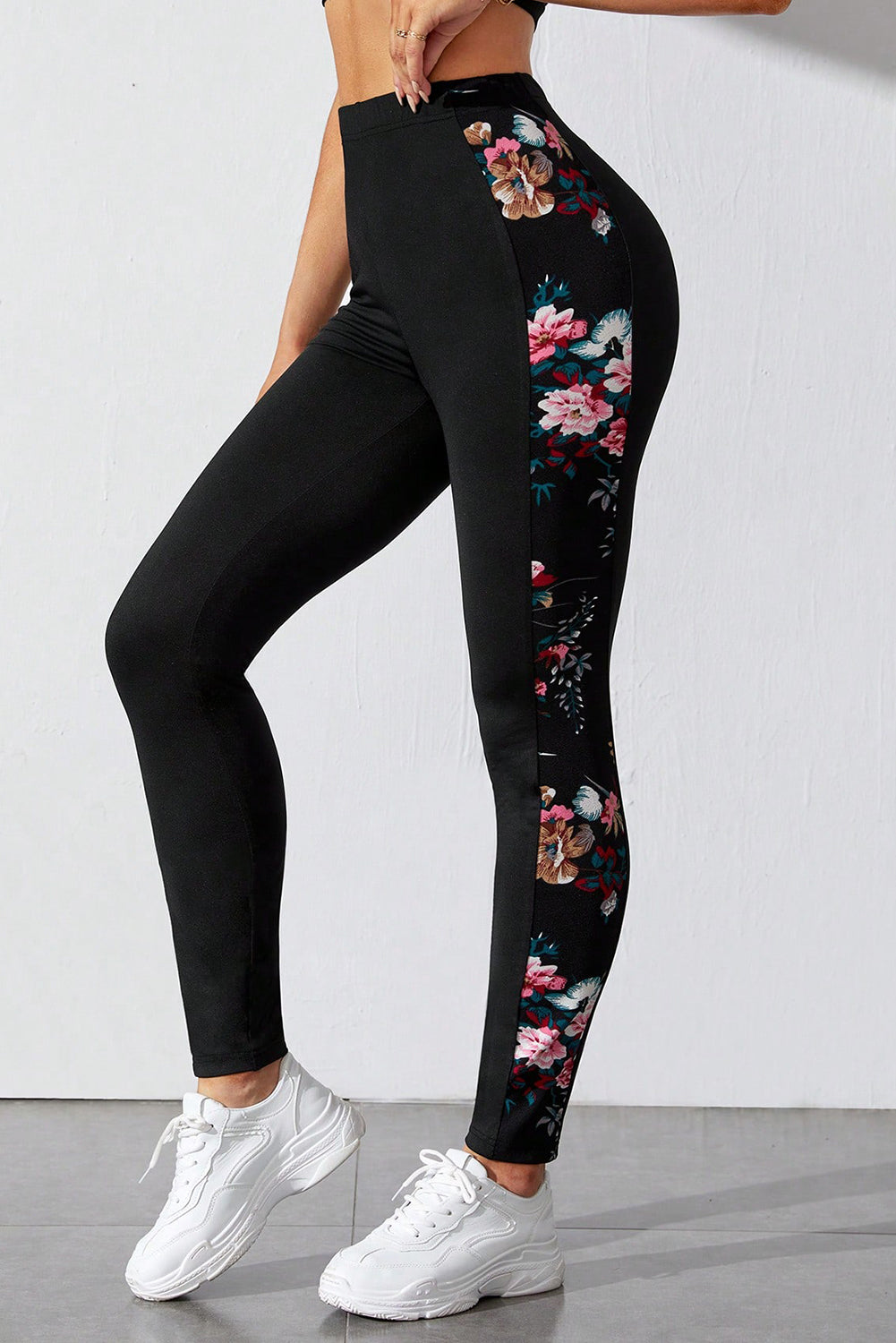 Black Floral Print Patch High Waist Leggings