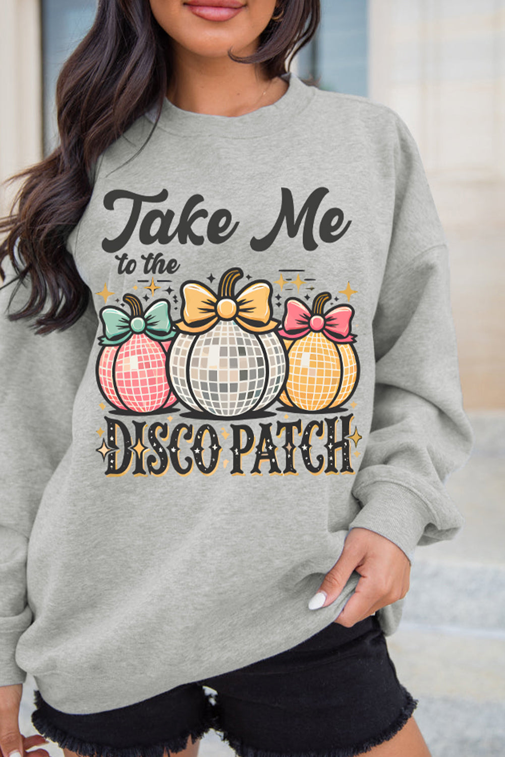 Gray Disco Ball Bowknot Pumpkin Graphic Crewneck Sweatshirt