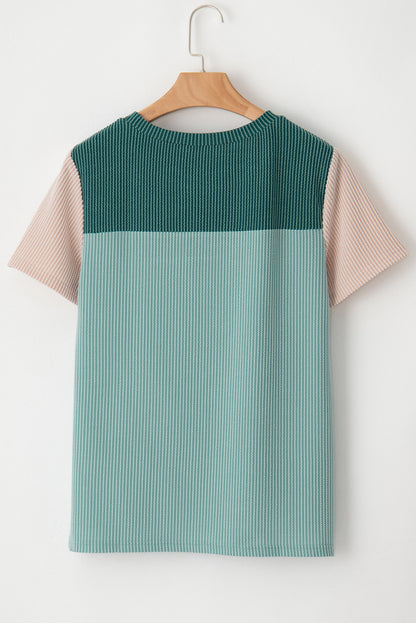 Light Blue Rib Textured Colorblock Round Neck T Shirt