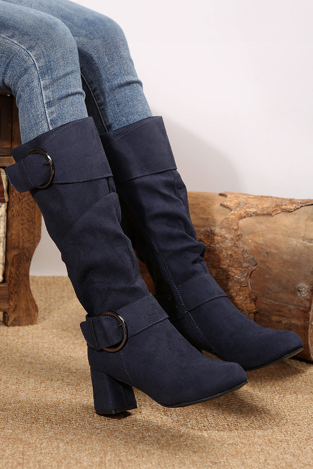 Navy Blue Suede Double Buckled Side Zipper Mid-calf Boots