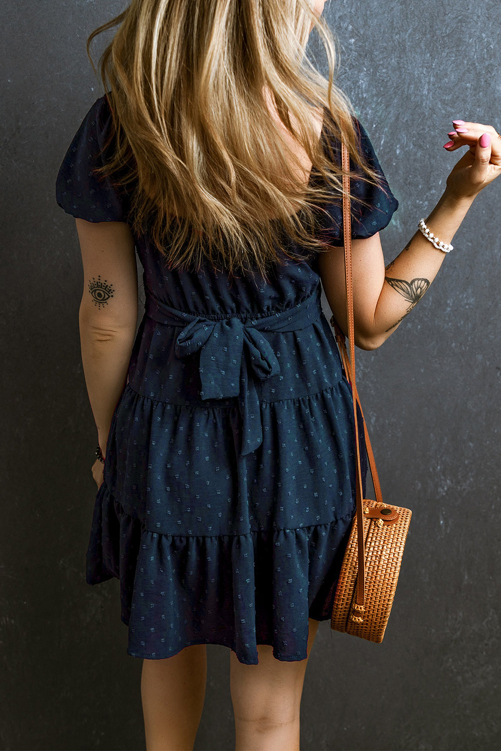 Rose Red Swiss Dot Jacquard Puff Sleeve Crossover Tied Tiered Dress