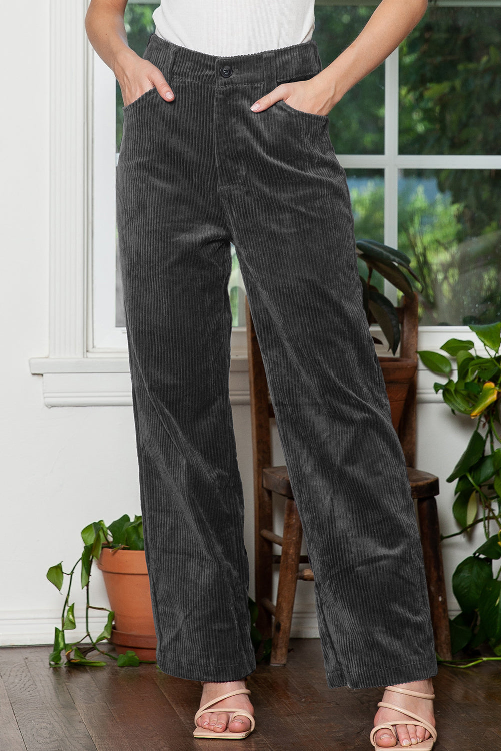 Grey Corduroy High Waisted Wide Leg Pants for Women