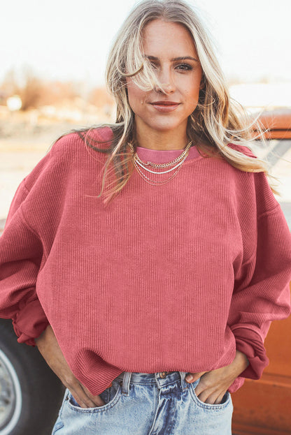 Orange Plain Drop Sleeve Rib-Knit Oversized Sweatshirt