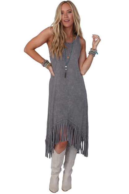 Gray Washed Sleeveless Fringe High Low Hem Maxi Dress