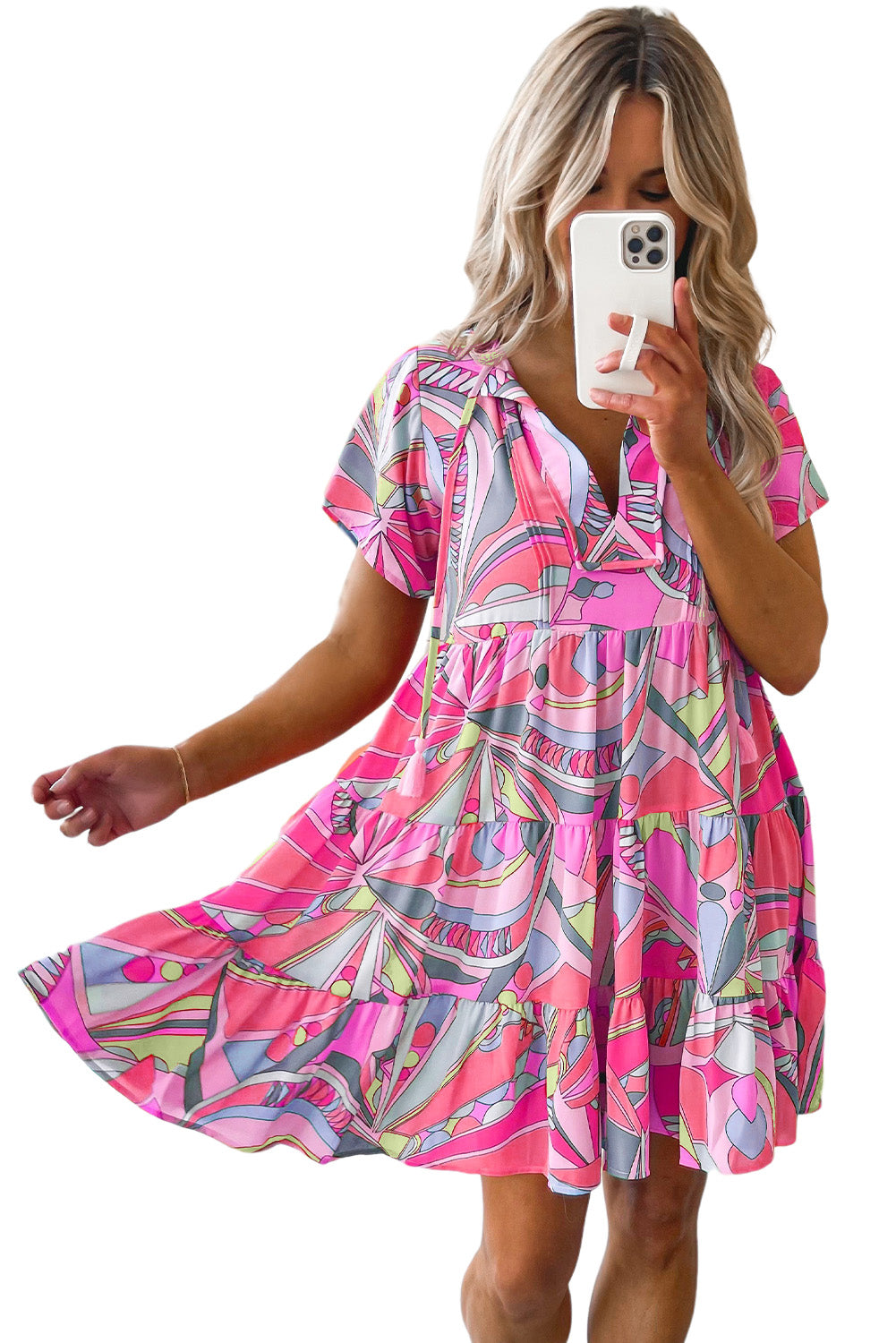 Pink Abstract Print Split V Neck Short Sleeve Tiered Dress