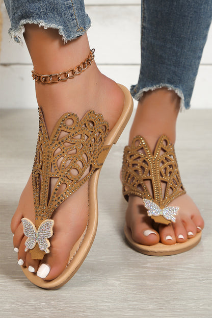 Brown Hollow Out Diamond Butterfly Thong Slides Shoes