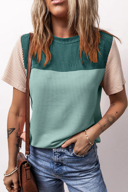 Light Blue Rib Textured Colorblock Round Neck T Shirt