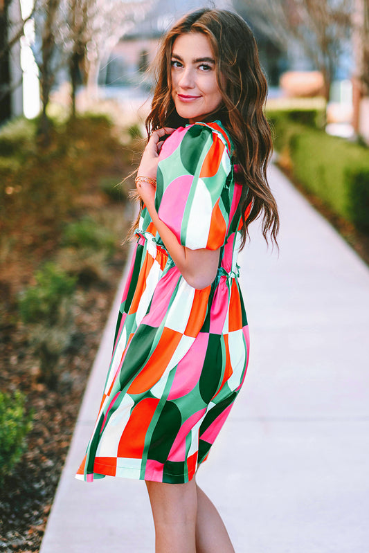 Green Abstract Print Puff Sleeve Short Dress