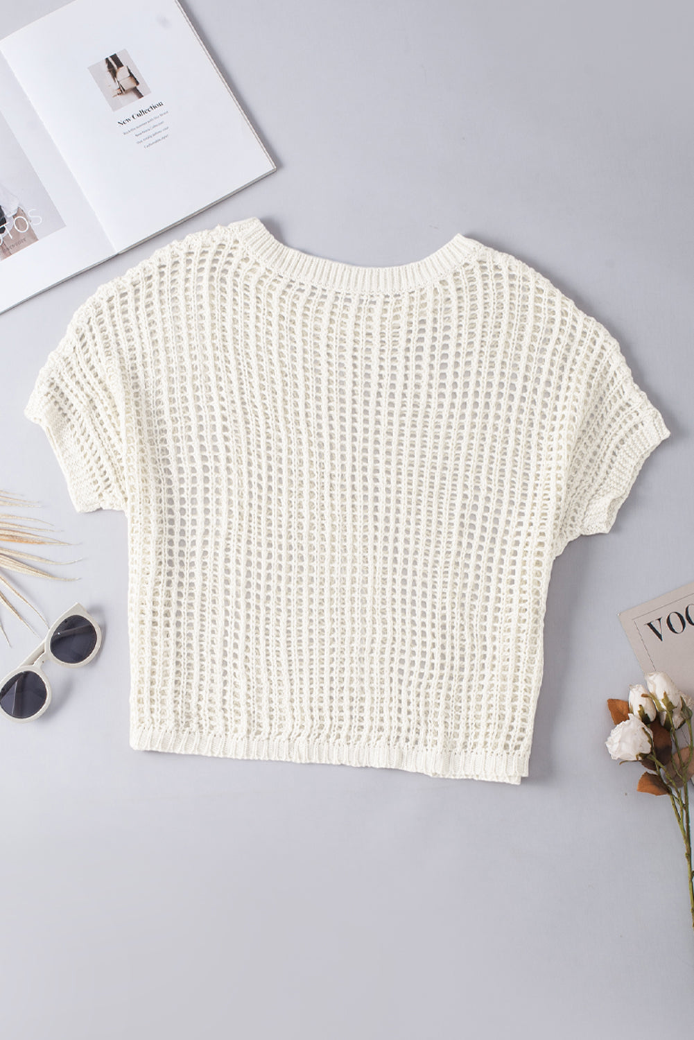 Apricot Fishnet Knit Ribbed Round Neck Short Sleeve Tee