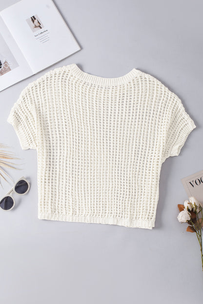 Apricot Fishnet Knit Ribbed Round Neck Short Sleeve Tee