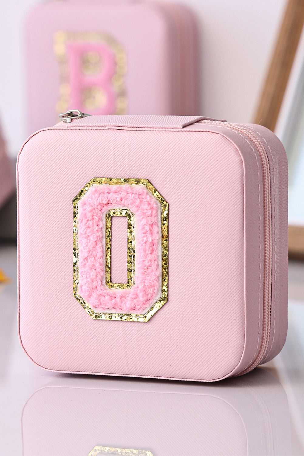 Pink O Initial Chenille Jewelry Box with Mirror