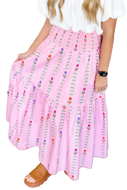 Pink Smocked Waist Tiered Maxi Skirt