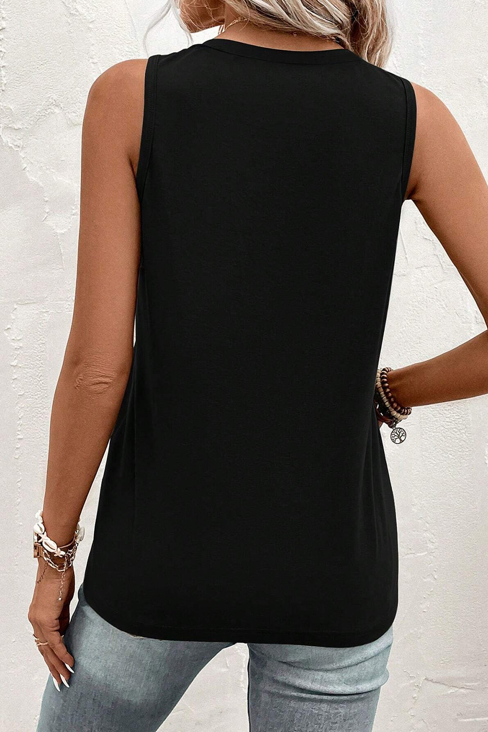 Black Half Button V Neck Patched Pocket Tank Top