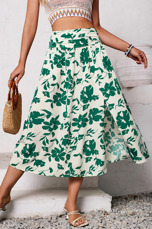 Green Floral Print Side Split Midi Skirt