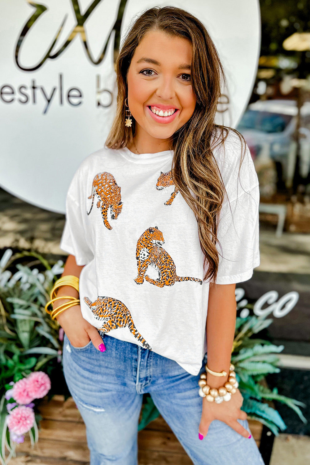 White Animal Print Round Neck T Shirt