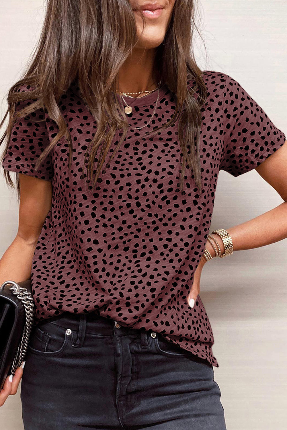 Grey Cheetah Print Casual Crew Neck T Shirt