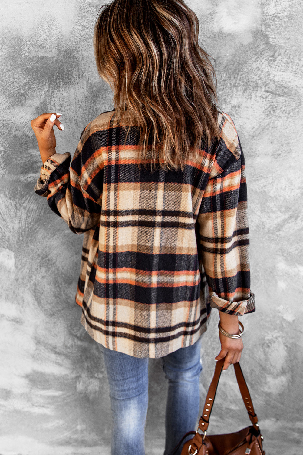 Wholesale Brown Plaid Button Up Long Sleeve Flannel Shacket