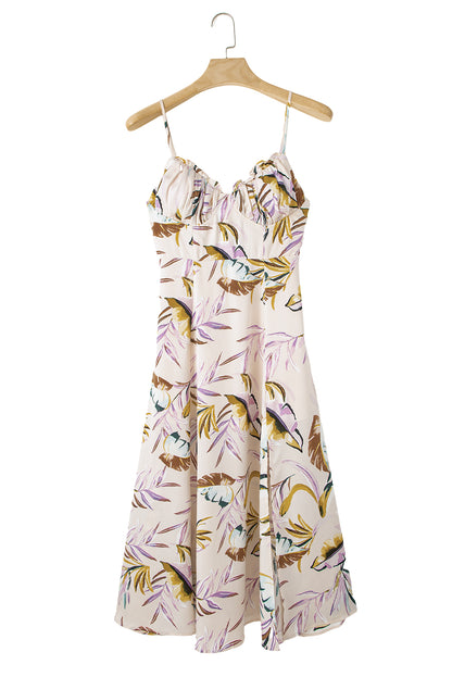 Apricot Tropical Print Spaghetti Straps Cupped Dress