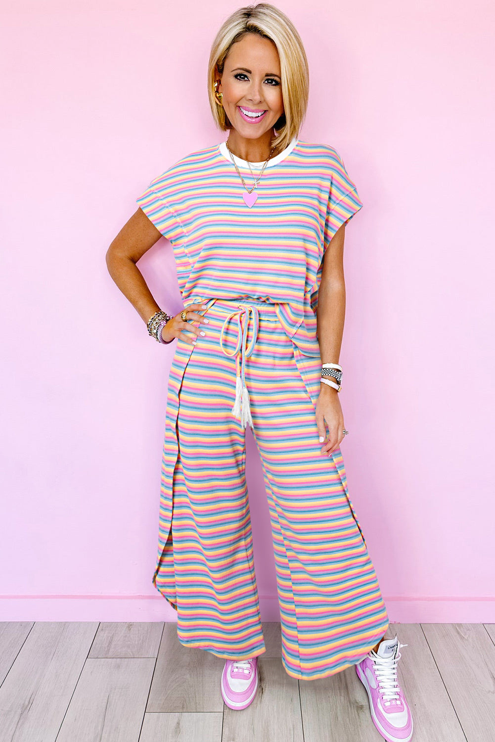 Yellow Stripe Rainbow Tee and Tassel Drawstring Wide Leg Pants Set