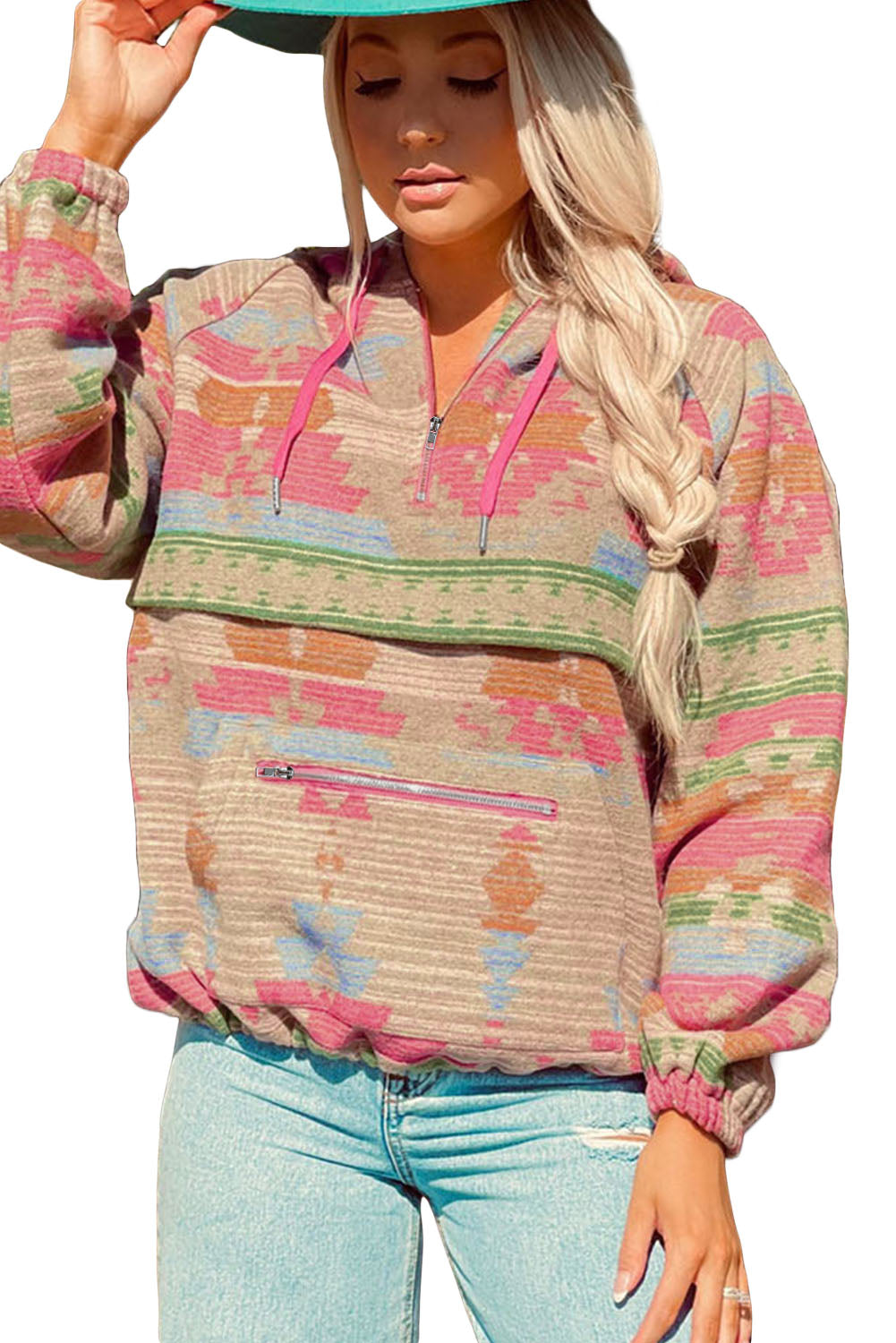 Multicolor Geometric Print Kangaroo Pocket Hoodie