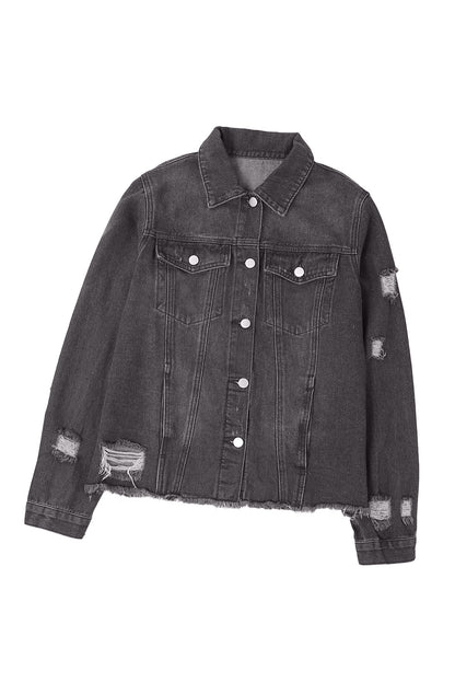 Black Casual Distressed Raw Hem Buttons Denim Jacket