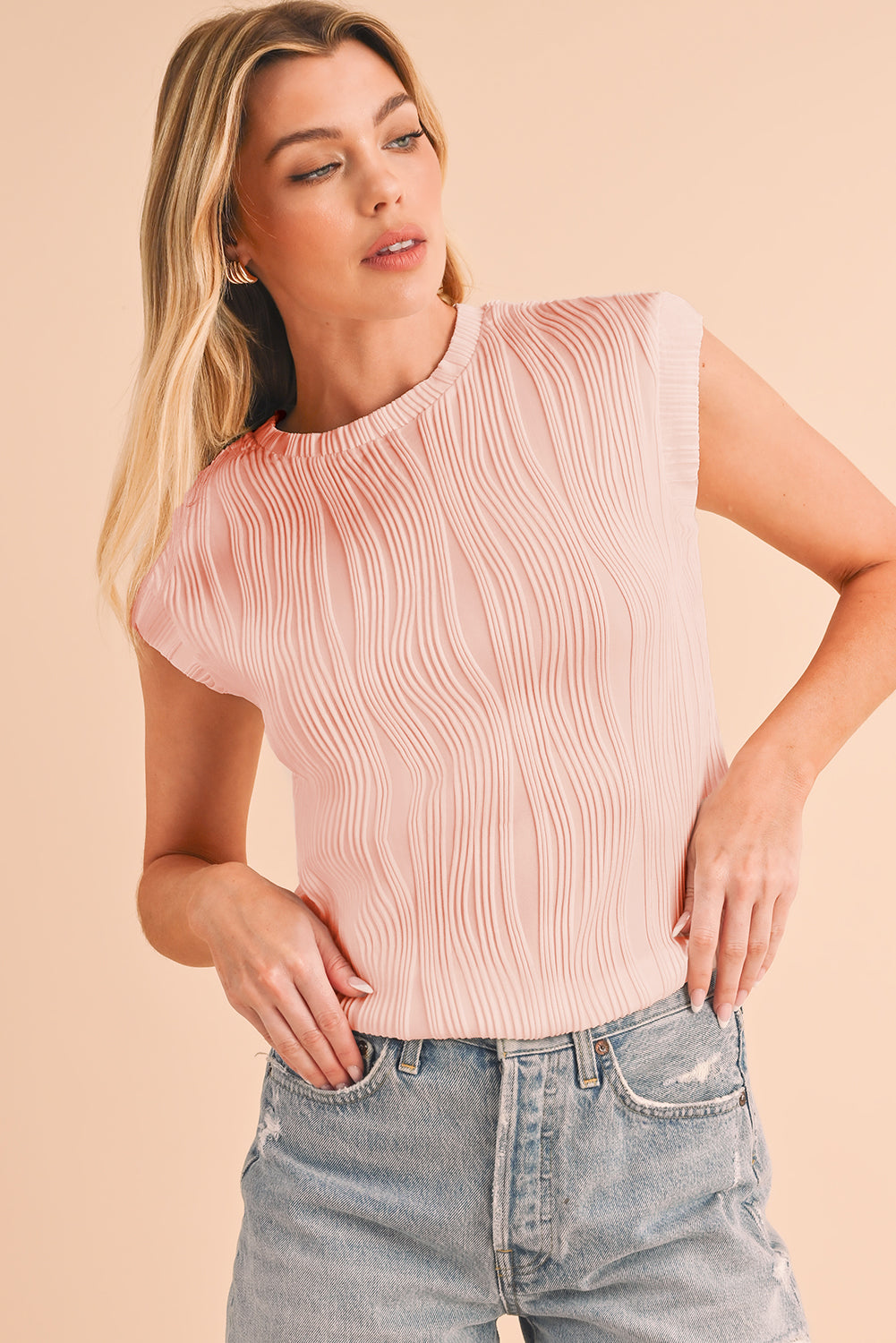 Pink Solid Color Wavy Textured Cap Sleeve Top