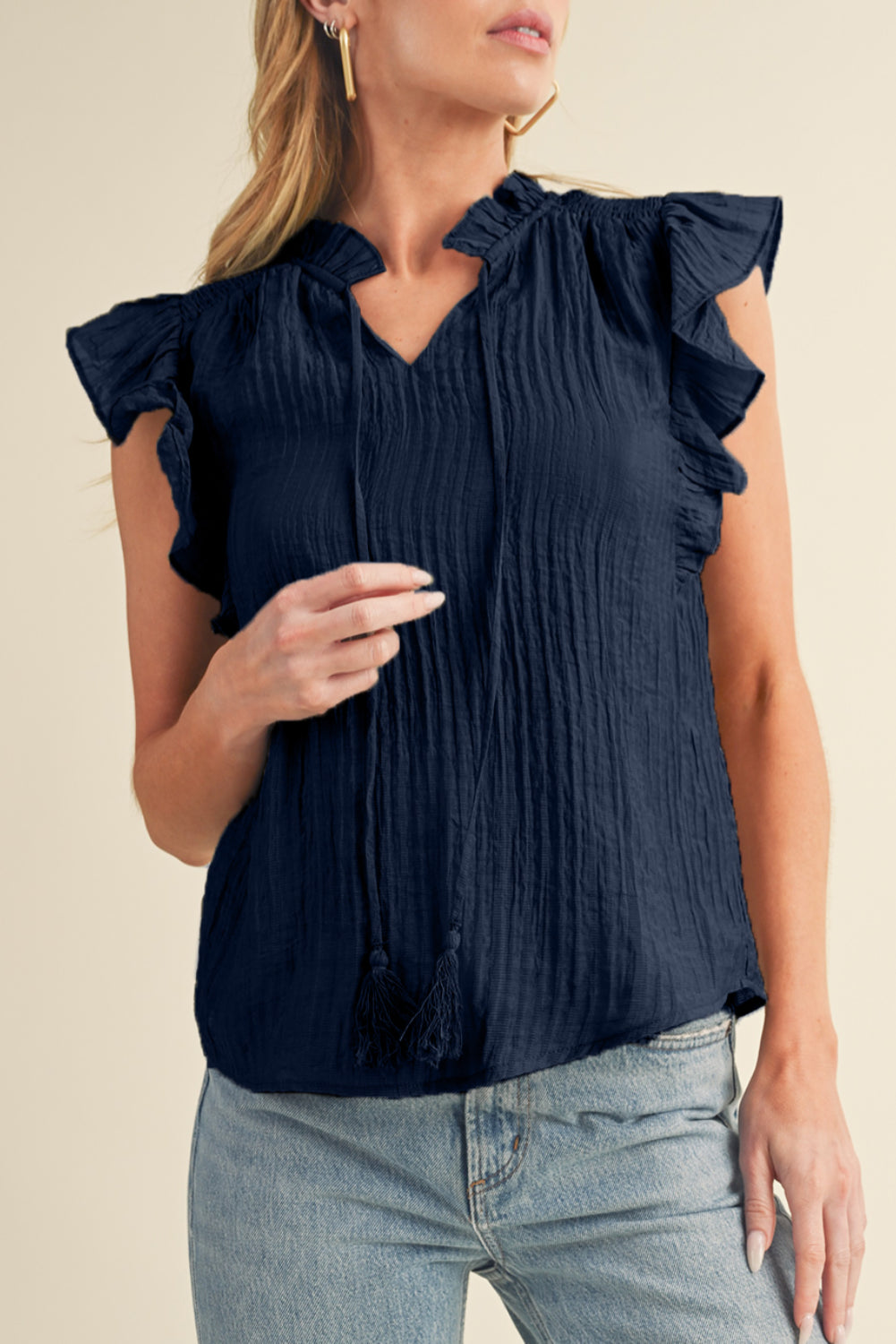 Navy Blue V Neck Flutter Shoulder Textured Blouse