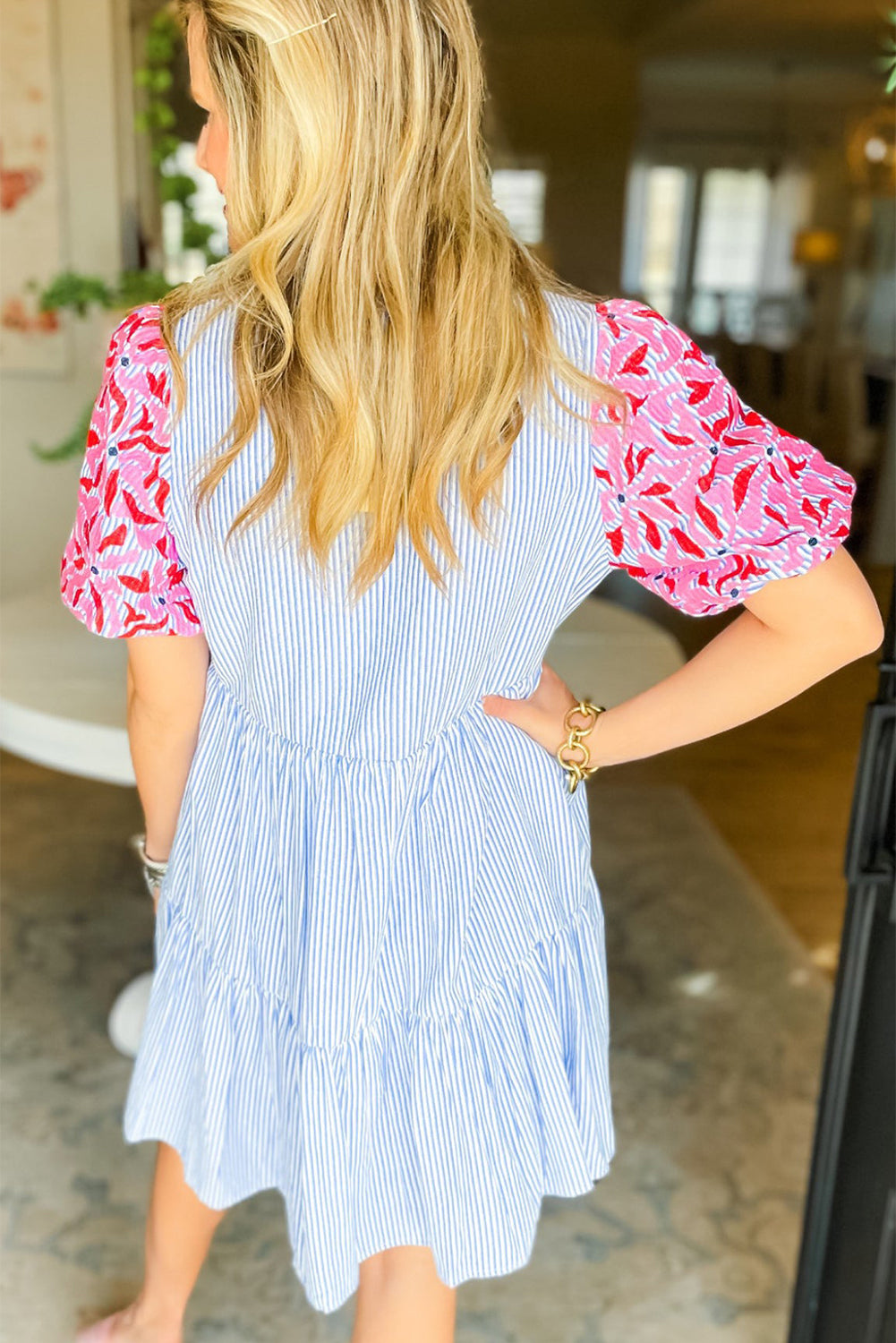 Sky Blue Stripe Floral Puff Sleeve Ruffle Tiered Dress