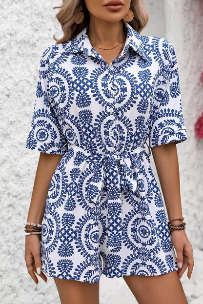 Blue Ethnic Printed Knit High Waist Half Sleeve Romper