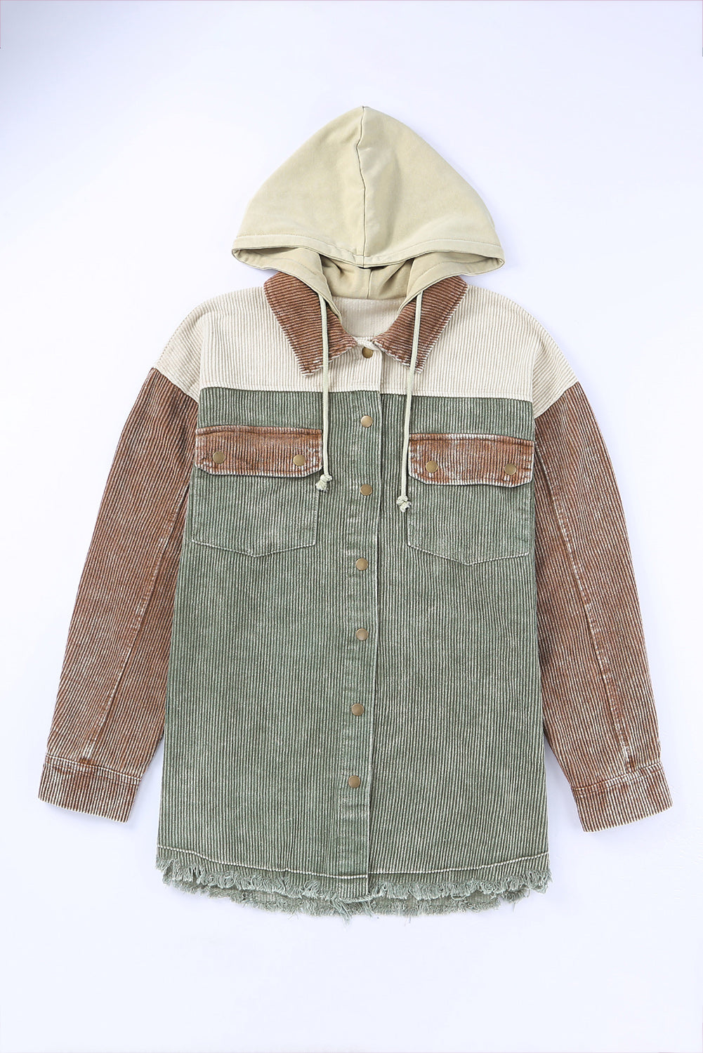 Khaki Patchwork Raw Hem Hooded Corduroy Jacket