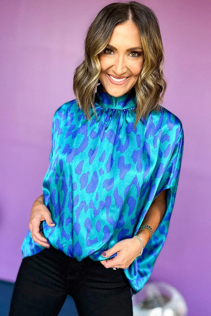 Blue Leopard Print Loose Batwing Sleeve Mock Neck Blouse