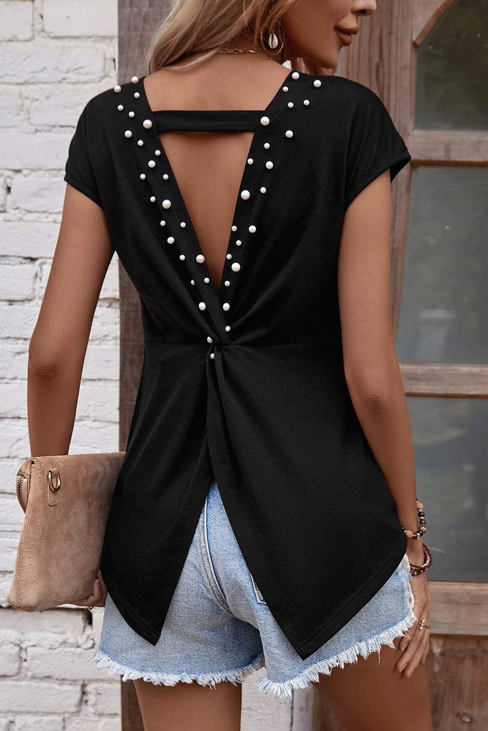 Black Pearls Embellished Twist Backless Tee