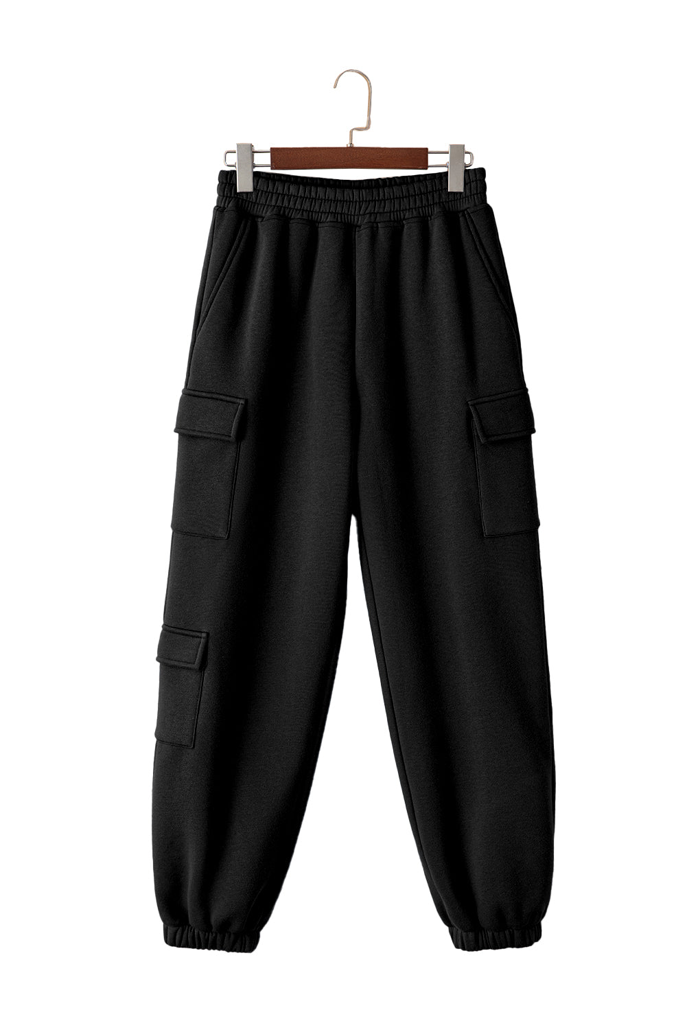 Black Solid Multi Pockets Elastic High Waist Pants