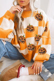 Grapefruit Orange Sequined Halloween Pumpkin Checkered Sweater