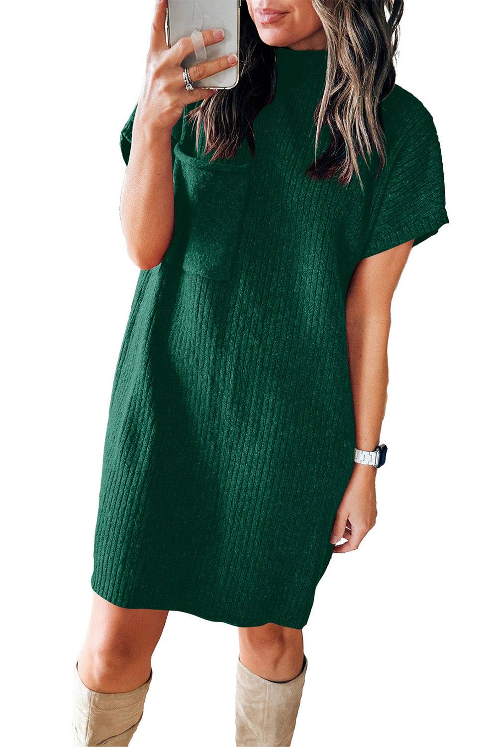 Oatmeal Patch Pocket Ribbed Knit Short Sleeve Sweater Dress