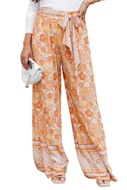 Grapefruit Orange Tie Waist Boho Floral Wide Leg Pants