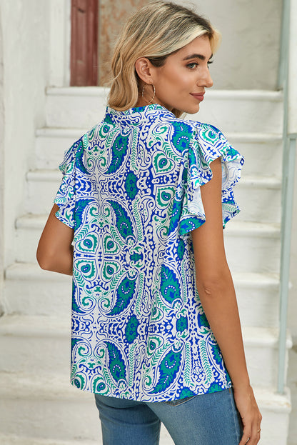 Sky Blue Abstract Print Ruffle Sleeve V Neck Blouse