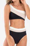 Black Triple Tones Colorblock One Shoulder High Waist Bikini