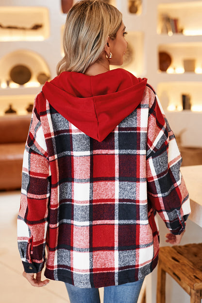 Orange Plaid Button Front Hooded Shacket