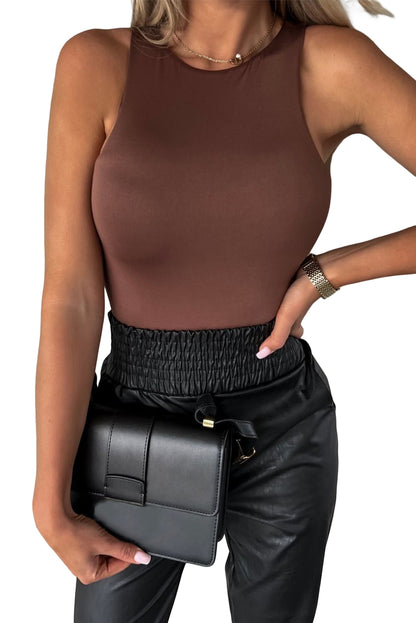 Brown Solid Color Crew Neck Plain Sleeveless Bodysuit