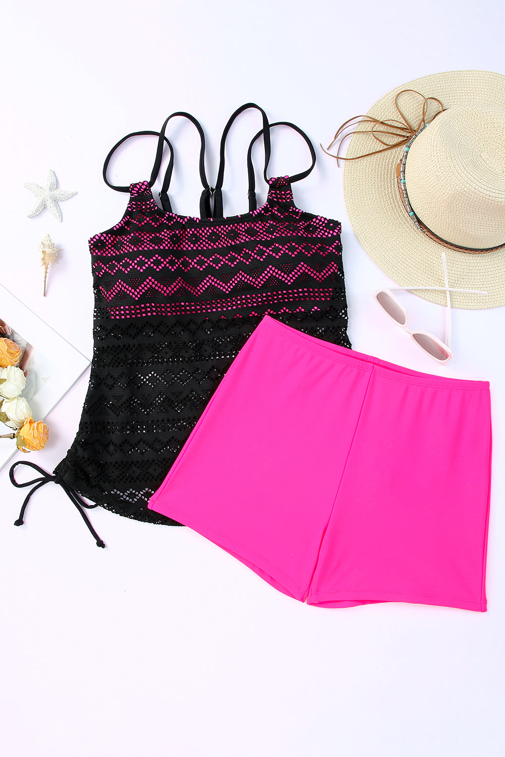 Rosy Color Block Lace Drawstring Tie Tankini Swimsuit