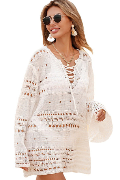 White Lace Up V Neck Hollow Out Knitted Long Sleeve Cover Up