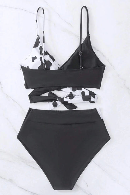 Black Contrast Abstract Pattern Crossed Bikini Set