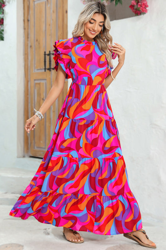 Orange Abstract Print High Waist Ruffle Tiered Maxi Dress