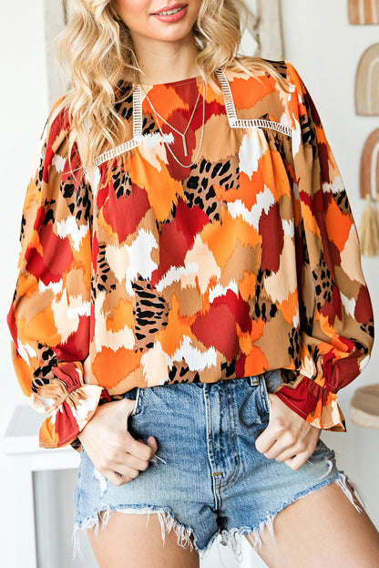 Multicolor Abstract Print Boho Frill Long Sleeve Blouse